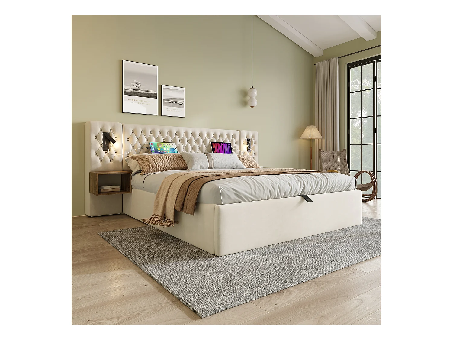 Lit coffre hydraulique - 160 x 200 cm - avec 2 tables de chevet + tête de lit lamp - velours - beige(avec matelas)