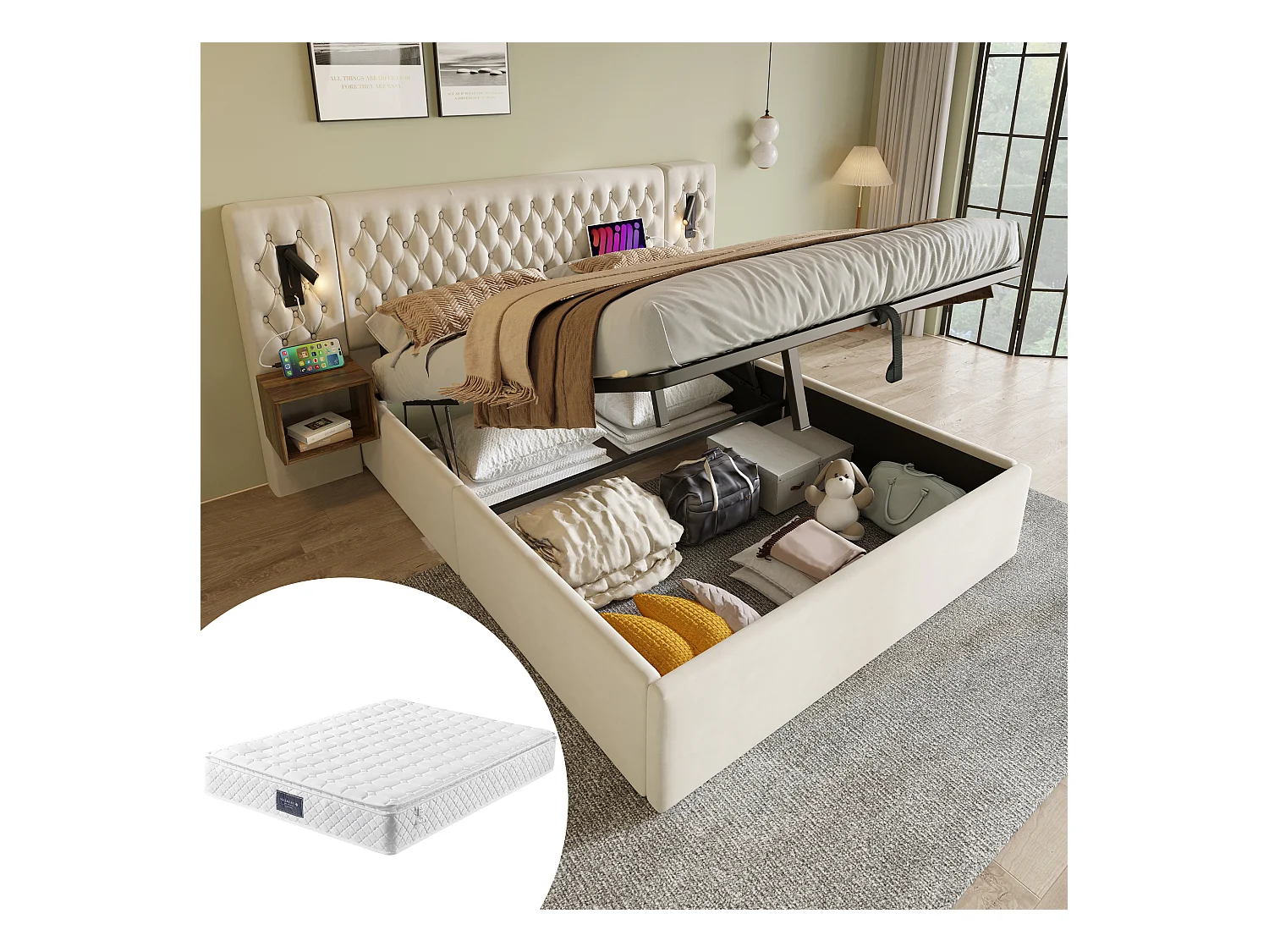 Lit coffre hydraulique - 160 x 200 cm - avec 2 tables de chevet + tête de lit lamp - velours - beige(avec matelas)