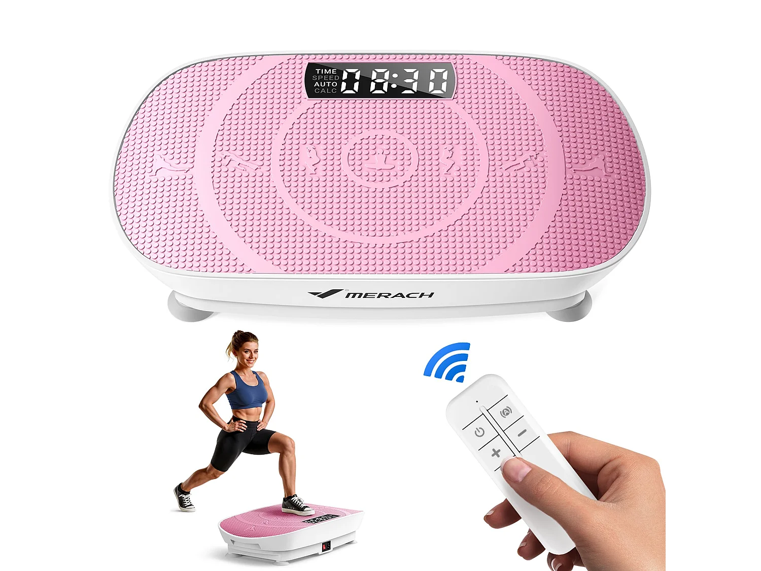 Piattaforma vibrante fitness MERACH mini, rosa, 11 livelli, telecomando, schermo LED, motore silenzioso, compatta, carico 150 kg