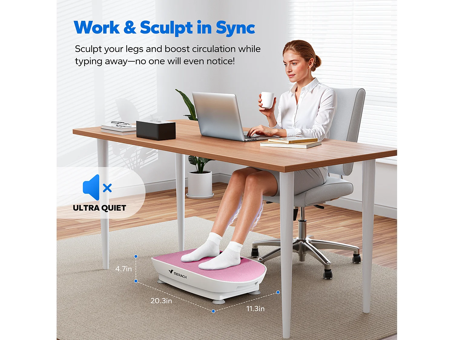 Piattaforma vibrante fitness MERACH mini, rosa, 11 livelli, telecomando, schermo LED, motore silenzioso, compatta, carico 150 kg