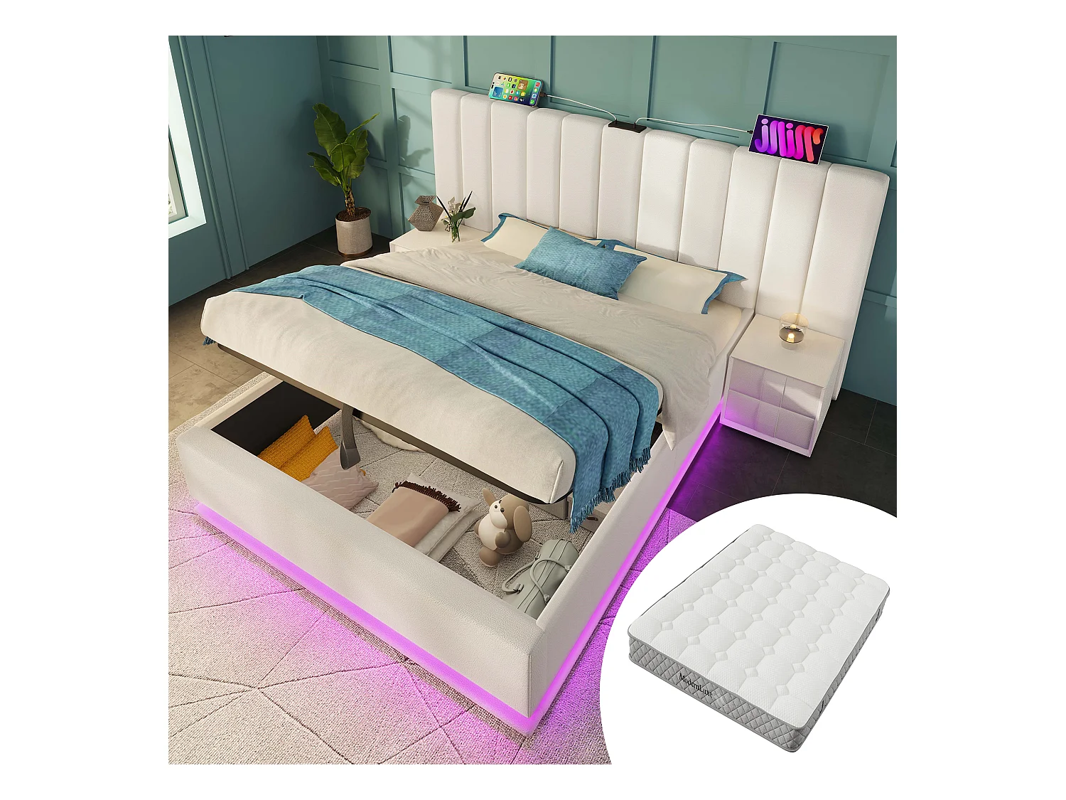 Gepolstertes Stauraumbett - 180 x 200 cm - mit LEDs + USB + Kopfteil - Leinen - Weiß (mit Matratze)