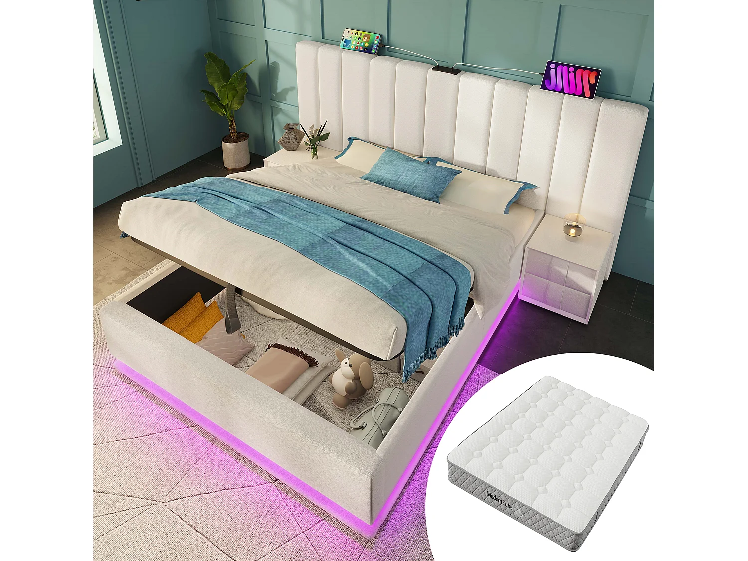 Lit coffre rembourré - 180 x 200 cm - avec Leds + USB + Tête de lit - lin - blanc(avec matelas)