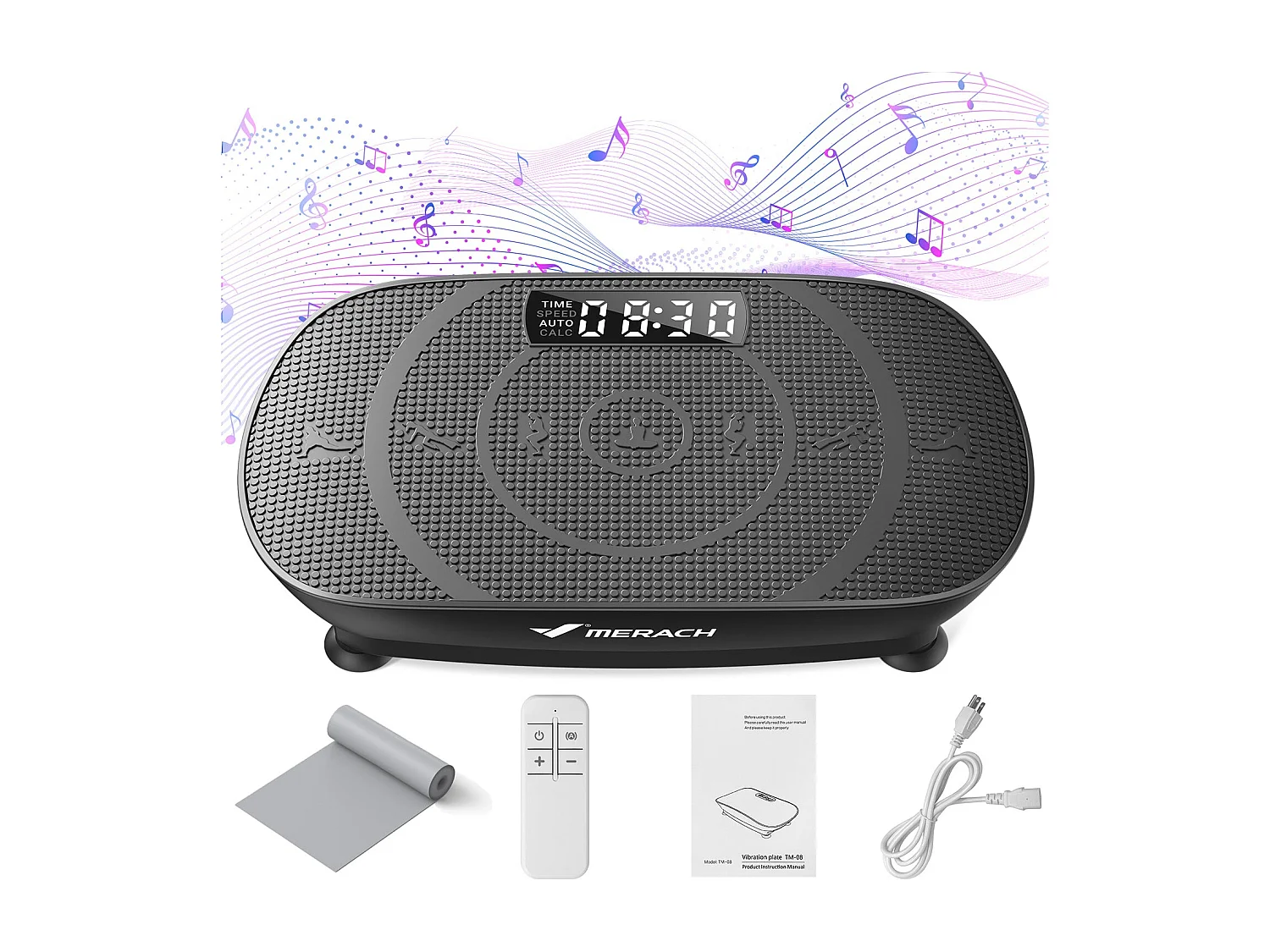 Piattaforma vibrante nera MERACH con telecomando, tonificazione muscolare, controllo automatico della velocità, Bluetooth integrato
