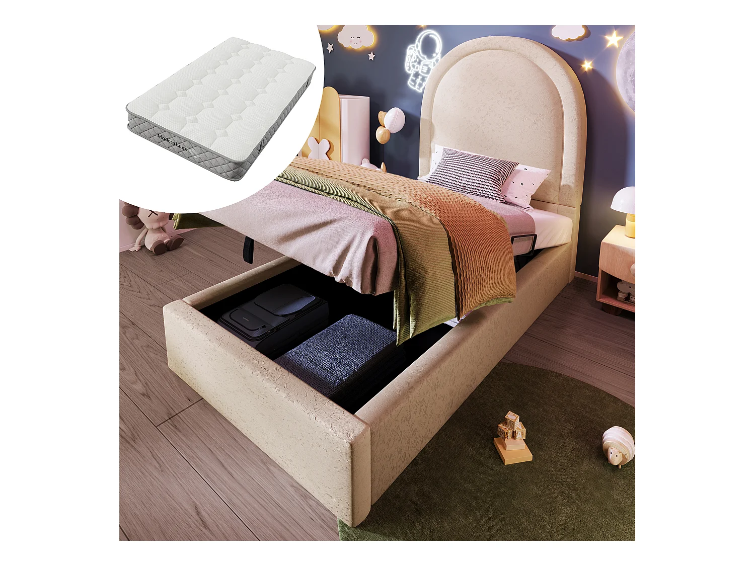 Lit coffre rembourré pour enfant - 90 x 200 cm - rangement hydraulique - PU - beige