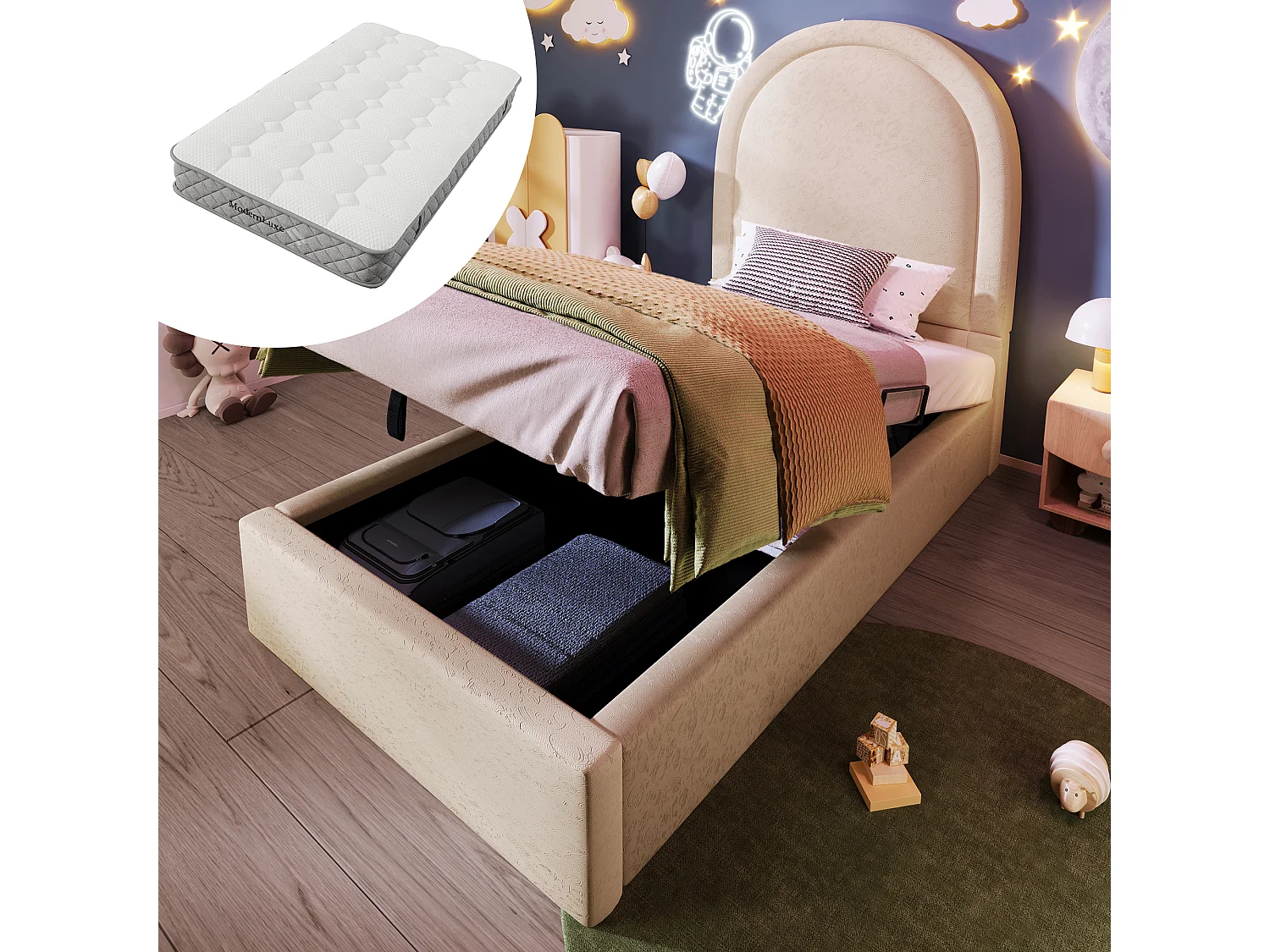 Kinderbed met opbergruimte - 90 x 200 cm - hydraulische opberging - PU - beige