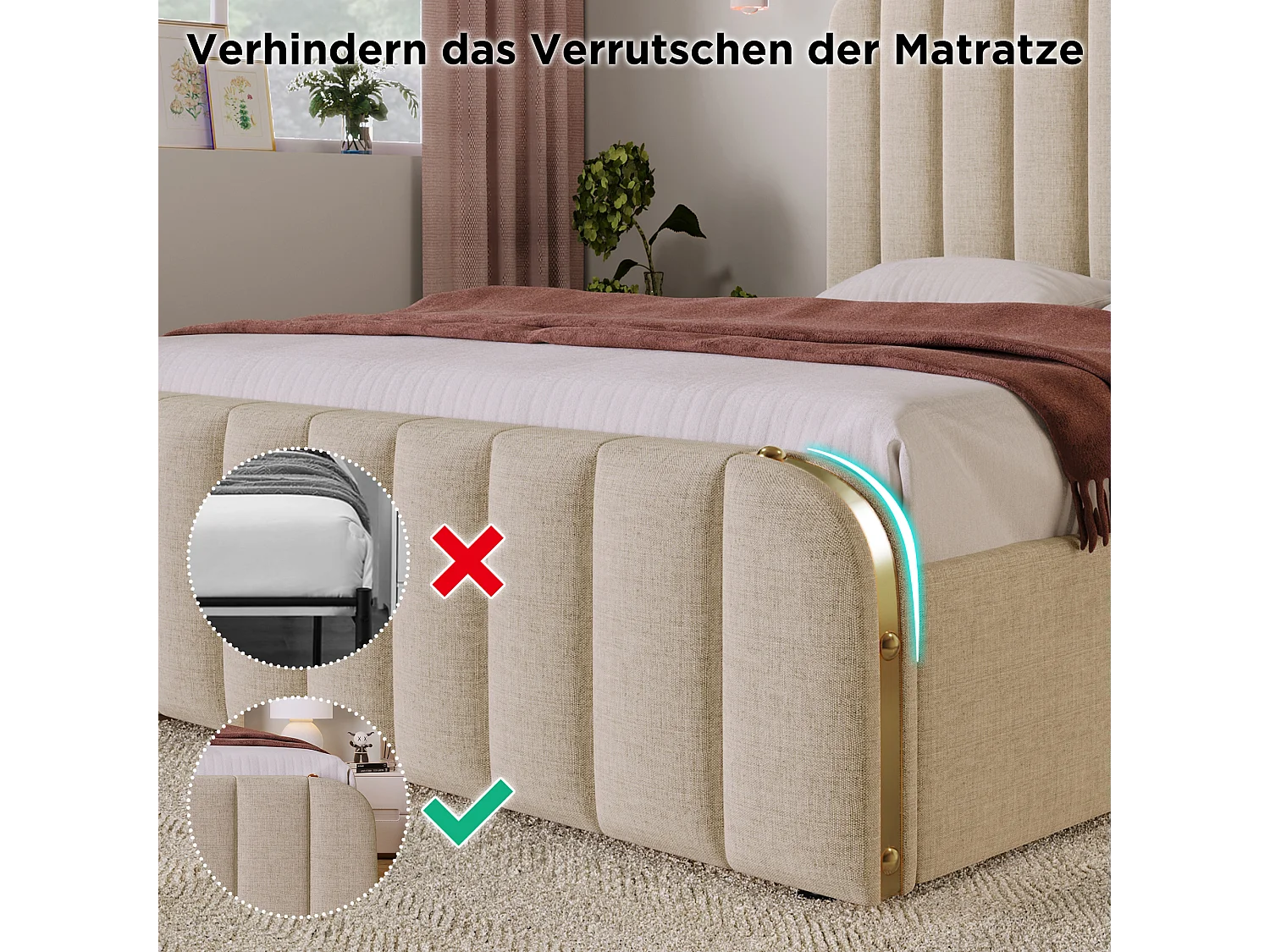 Lit double rembourré - 140 x 200 cm - avec tête de lit + USB + coffre hydraulique - lin - beige (avec matelas)