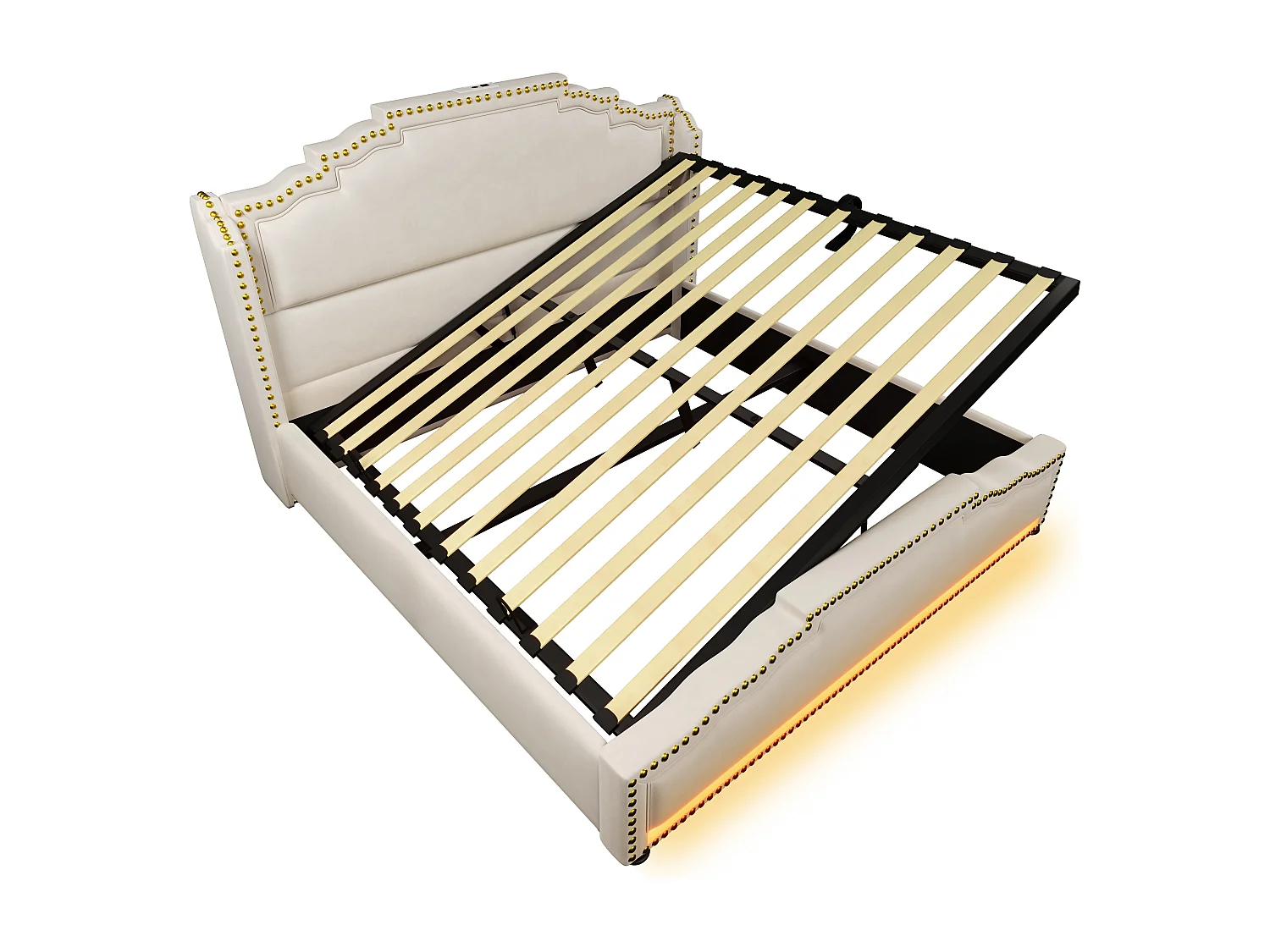 Lit double rembourré - 140 x 200 cm - rangement hydraulique - avec Leds + USB - velours - beige(avec matelas)