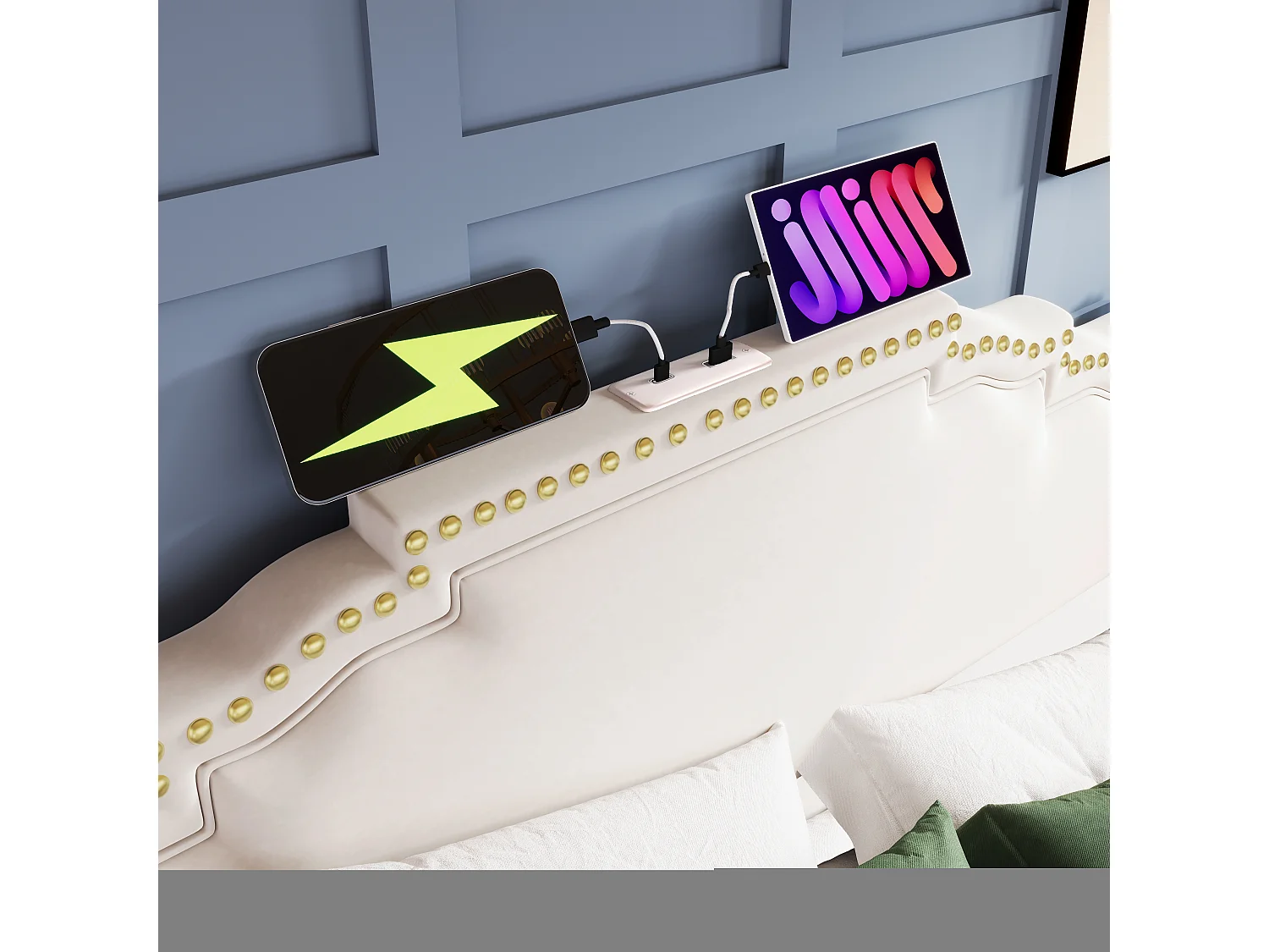 Łóżko tapicerowane dwuosobowe - 140 x 200 cm - schowek hydrauliczny - z diodami LED + USB - aksamitne - beżowe (z materacem)