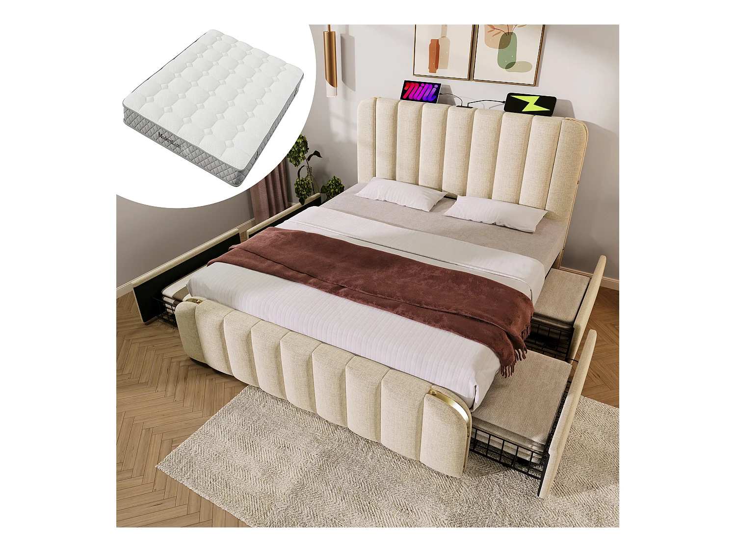 Łóżko tapicerowane dwuosobowe - 140 x 200 cm - z zagłówkiem + USB + 4 szuflady - pościel - beżowe (z materacem)
