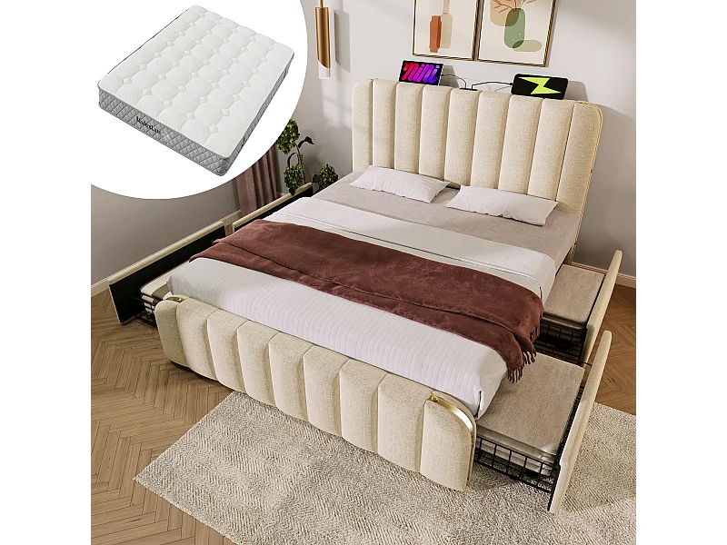 Łóżko tapicerowane dwuosobowe - 140 x 200 cm - z zagłówkiem + USB + 4 szuflady - pościel - beżowe (z materacem)