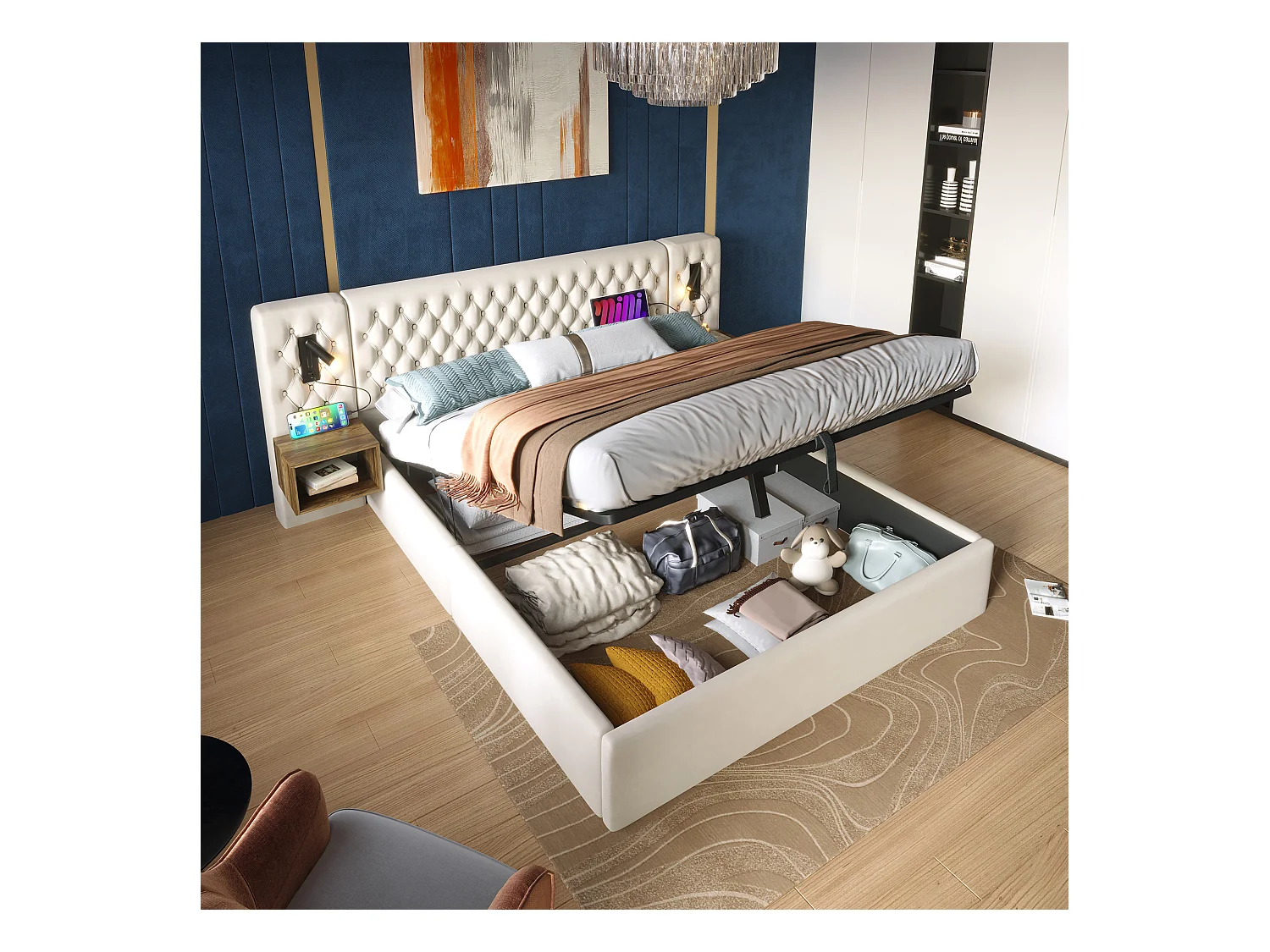 Lit coffre hydraulique - 180 x 200 cm - avec 2 tables de chevet + tête de lit lamp - velours - beige