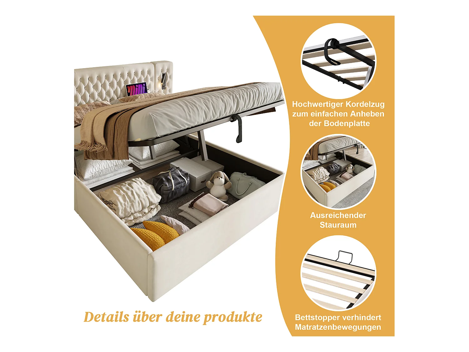Lit coffre hydraulique - 180 x 200 cm - avec 2 tables de chevet + tête de lit lamp - velours - beige