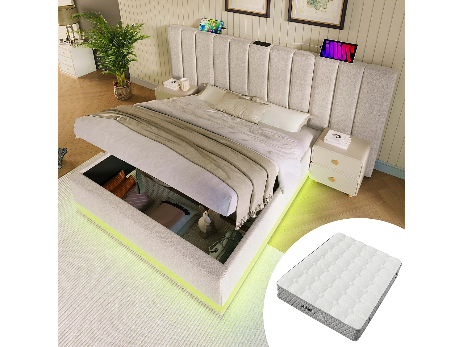 Lit coffre rembourré - 180 x 200 cm - avec Leds + USB + Tête de lit - lin - beige(avec matelas)