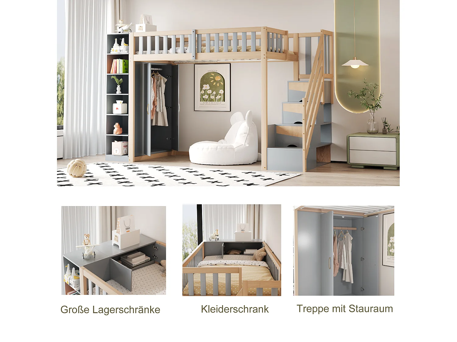 Lit mezzanine enfant - 90 x 200 cm - avec étagères + armoir + escalier de rangement - bois - gris