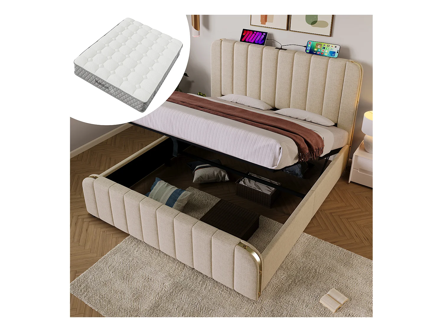 Lit double rembourré - 180 x 200 cm - avec tête de lit + USB + coffre hydraulique - lin - beige (avec matelas)