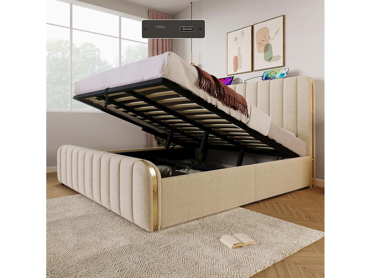 Łóżko tapicerowane dwuosobowe - 180 x 200 cm - z zagłówkiem + USB + schowek hydrauliczny - len - beżowe (z materacem)