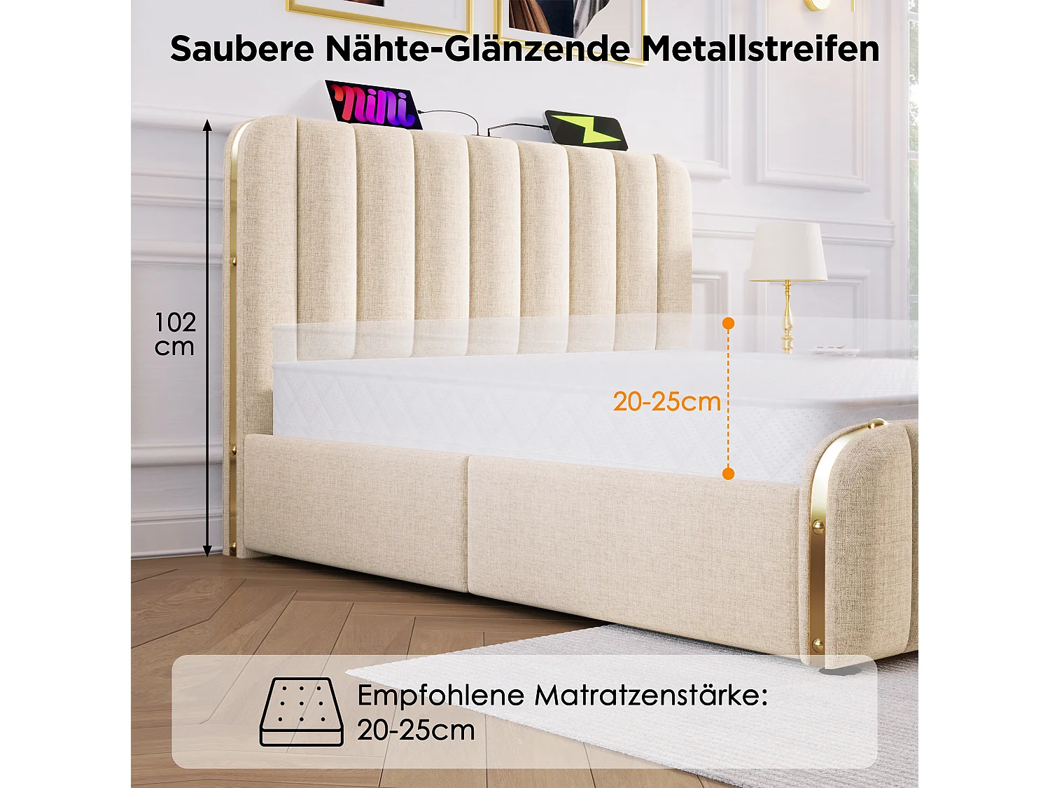 Łóżko tapicerowane dwuosobowe - 180 x 200 cm - z zagłówkiem + USB + schowek hydrauliczny - len - beżowe (z materacem)