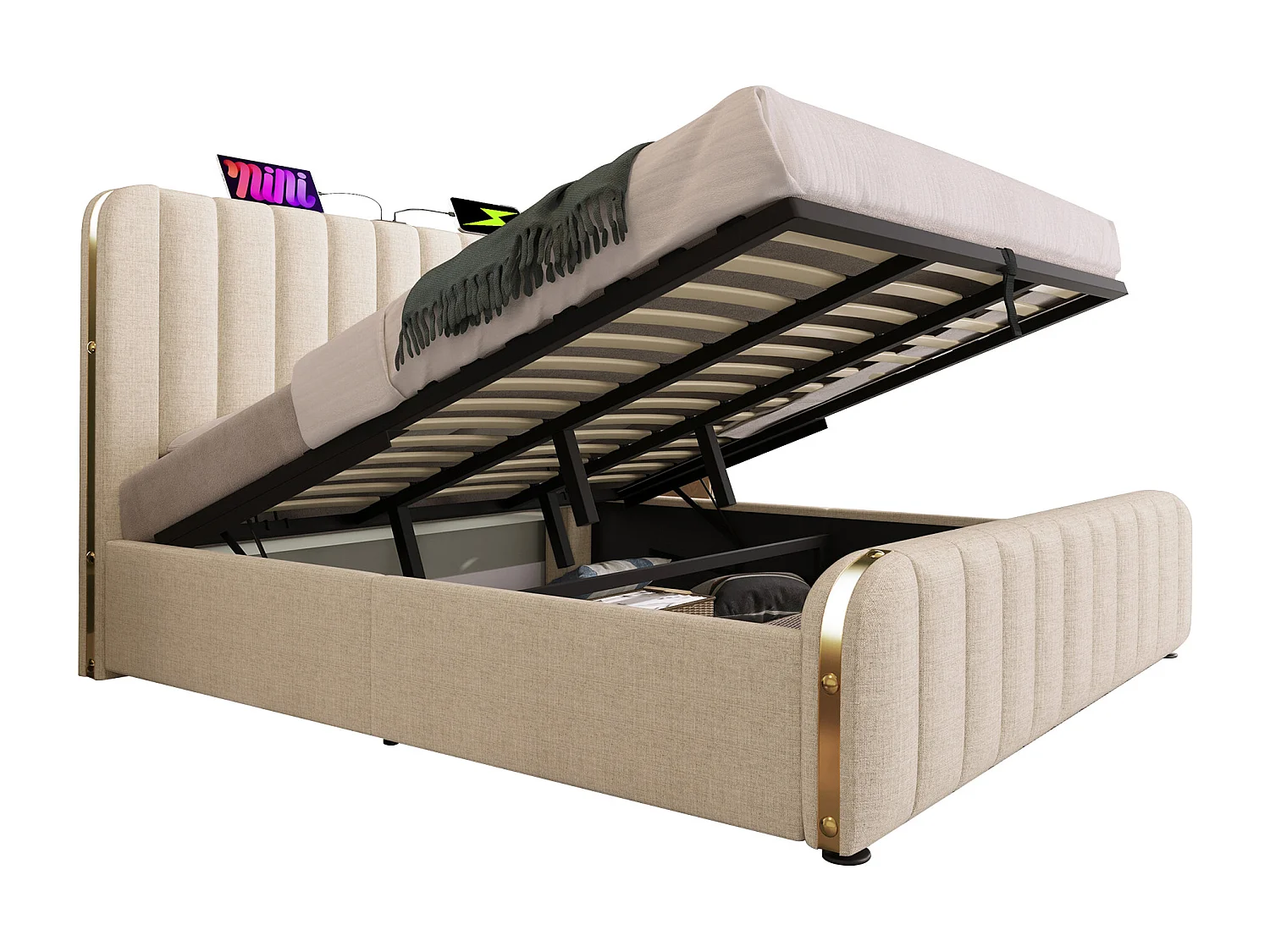 Łóżko tapicerowane dwuosobowe - 180 x 200 cm - z zagłówkiem + USB + schowek hydrauliczny - len - beżowe (z materacem)