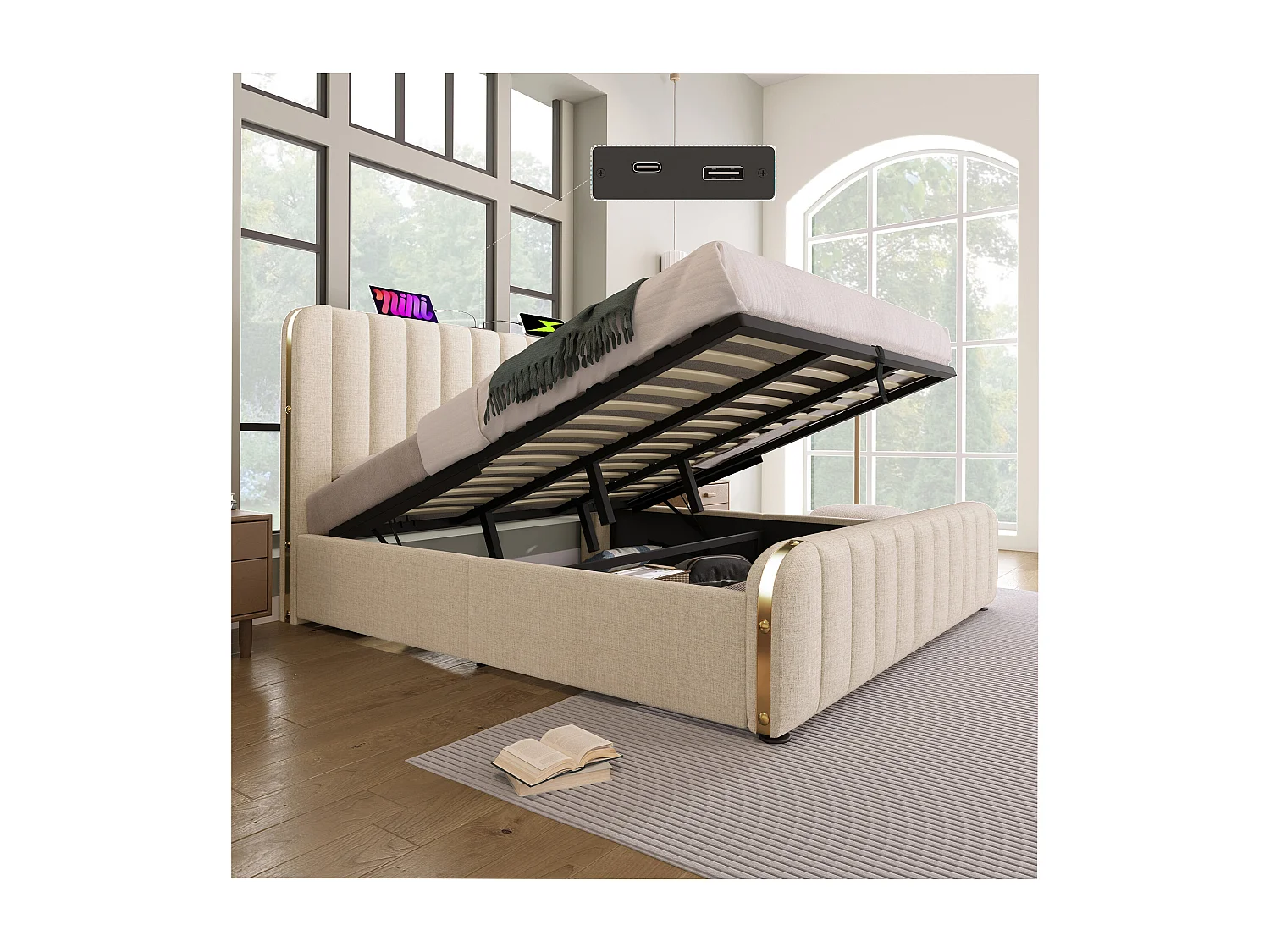 Łóżko tapicerowane dwuosobowe - 180 x 200 cm - z zagłówkiem + USB + schowek hydrauliczny - len - beżowe (z materacem)