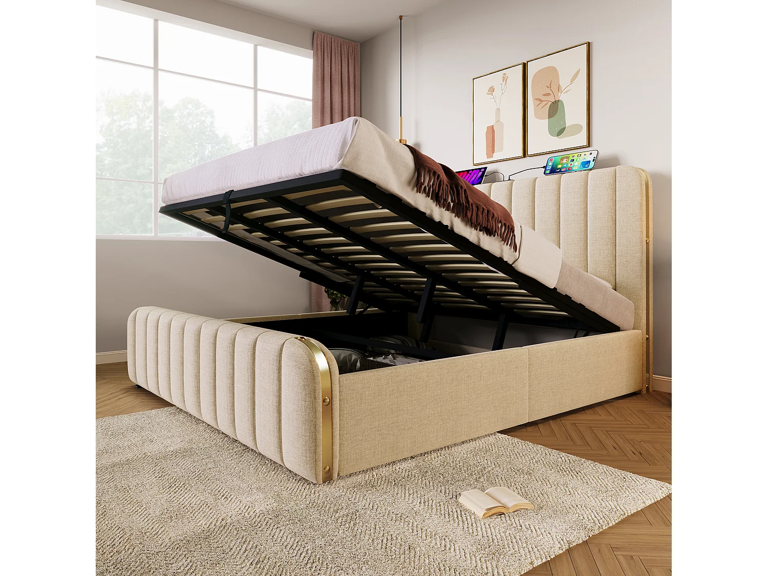 Łóżko tapicerowane dwuosobowe - 180 x 200 cm - z zagłówkiem + USB + schowek hydrauliczny - len - beżowe (z materacem)