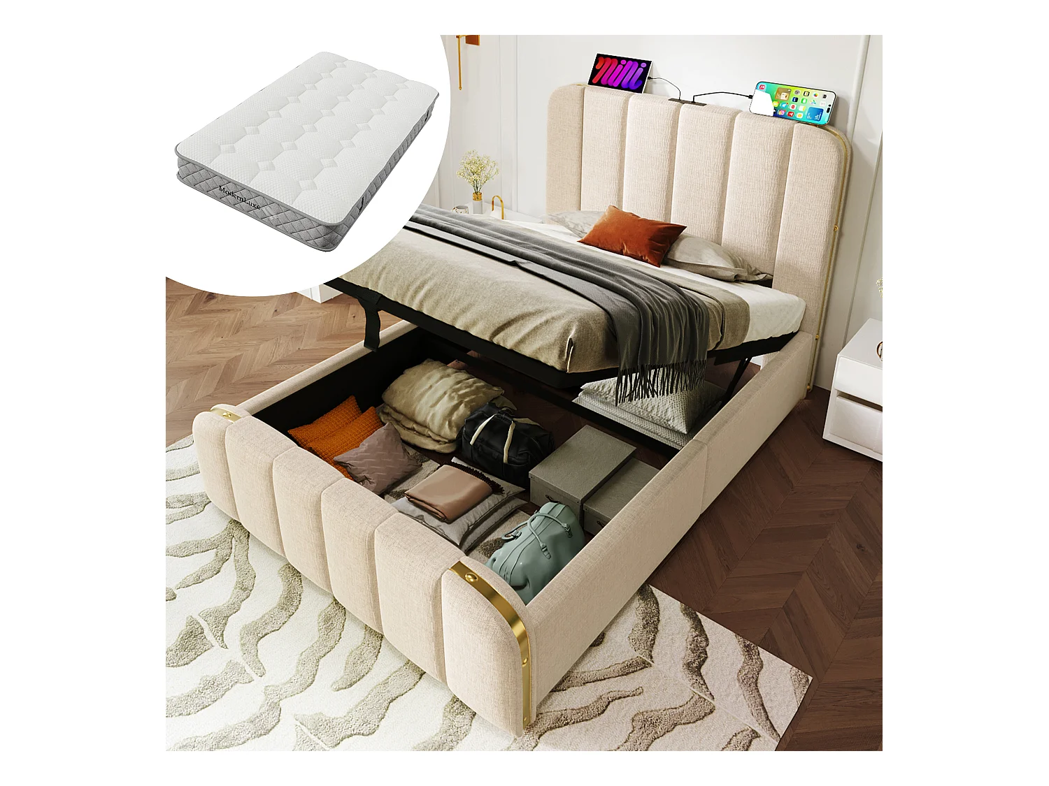 Lit simple rembourré - 90 x 200 cm - avec tête de lit + USB + coffre hydraulique - lin - beige (avec matelas)