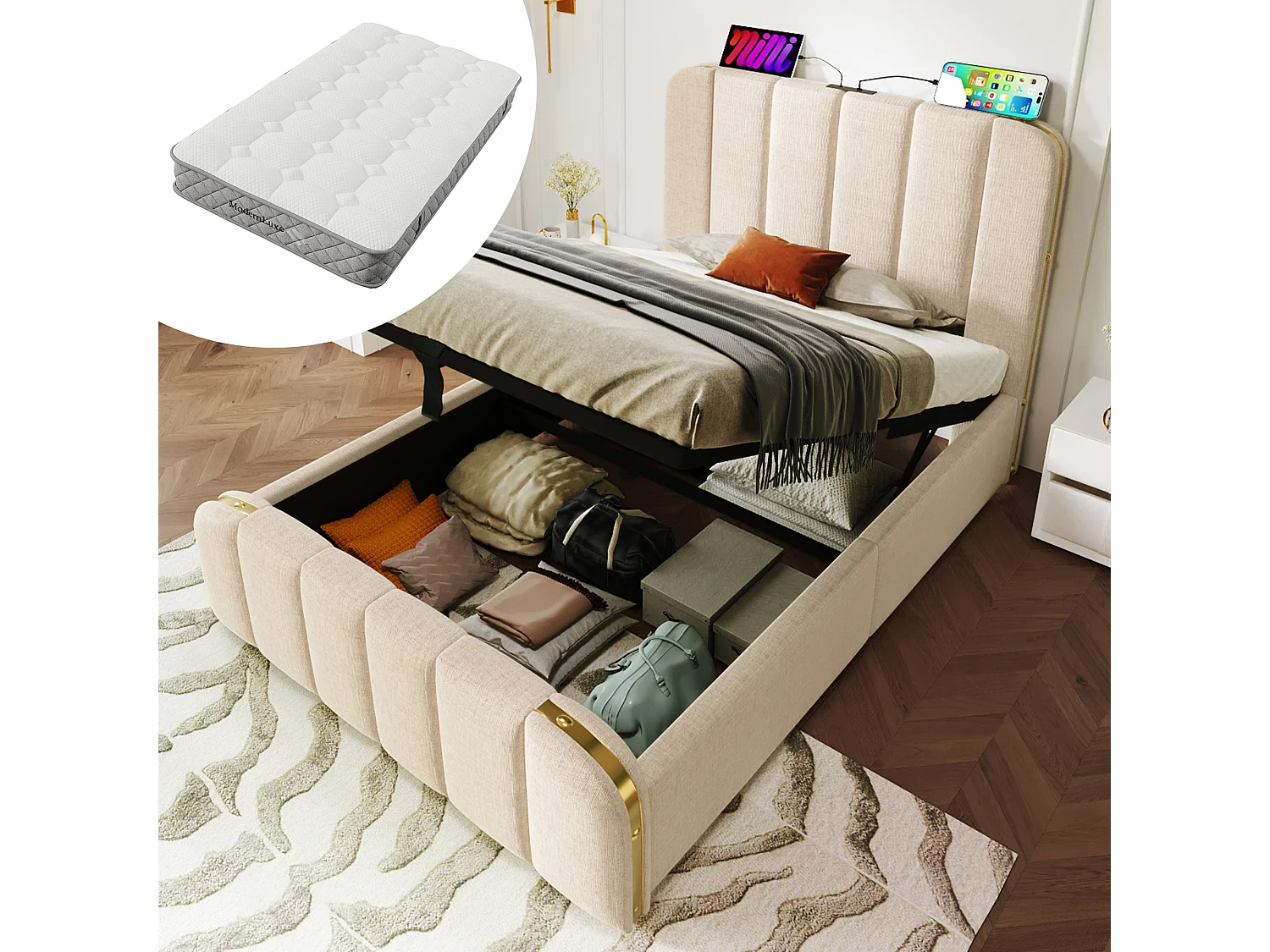 Gestoffeerd eenpersoonsbed - 90 x 200 cm - met hoofdbord + USB + hydraulische opbergruimte - linnen - beige (met matras)