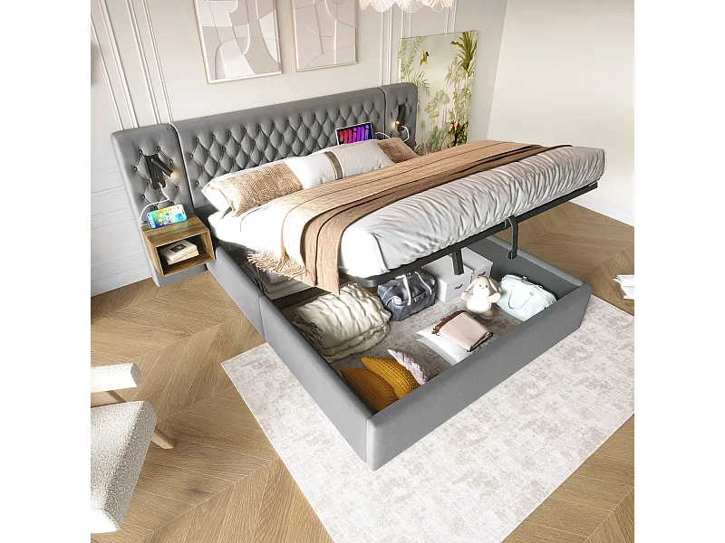 Cama de armazenamento hidráulica - 160 x 200 cm - com 2 mesas de cabeceira + cabeceira de lâmpada - veludo - cinza
