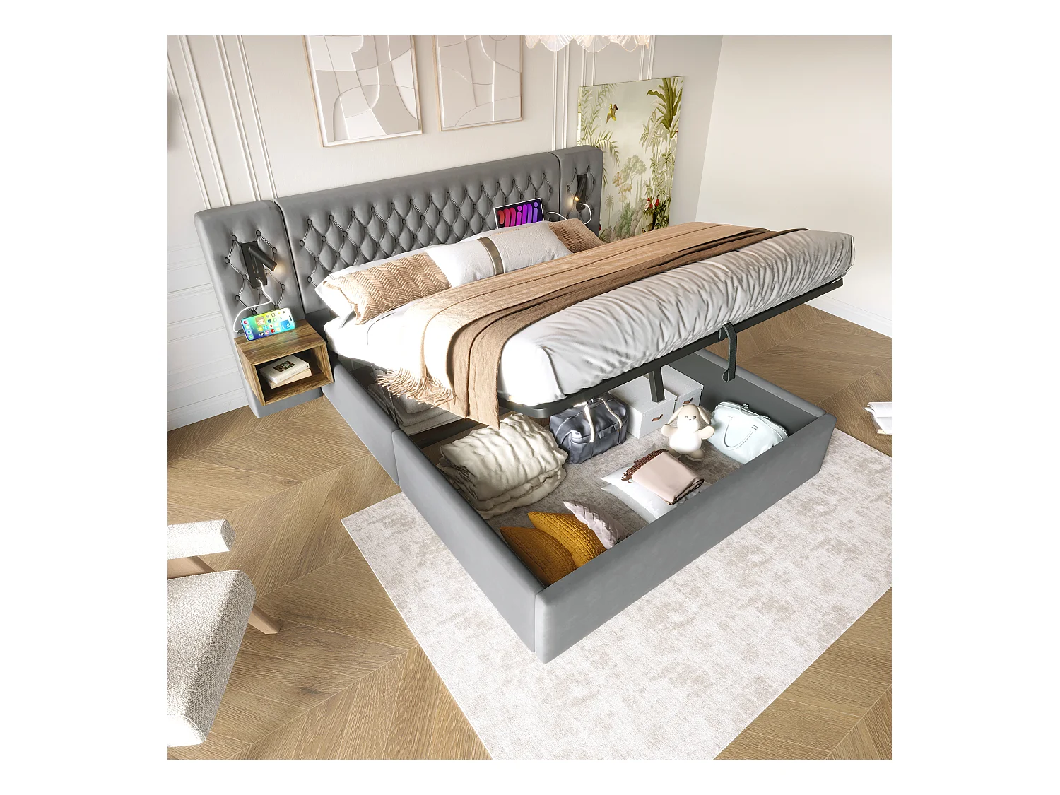 Lit coffre hydraulique - 160 x 200 cm - avec 2 tables de chevet + tête de lit lamp - velours - gris