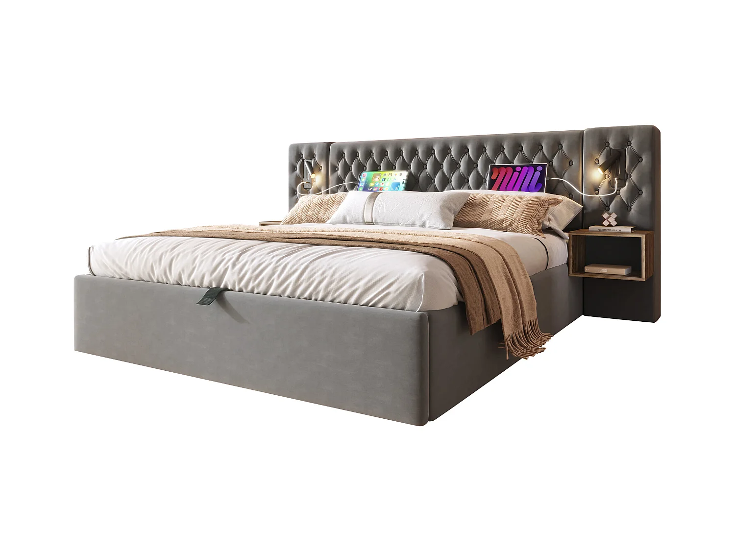 Lit coffre hydraulique - 160 x 200 cm - avec 2 tables de chevet + tête de lit lamp - velours - gris