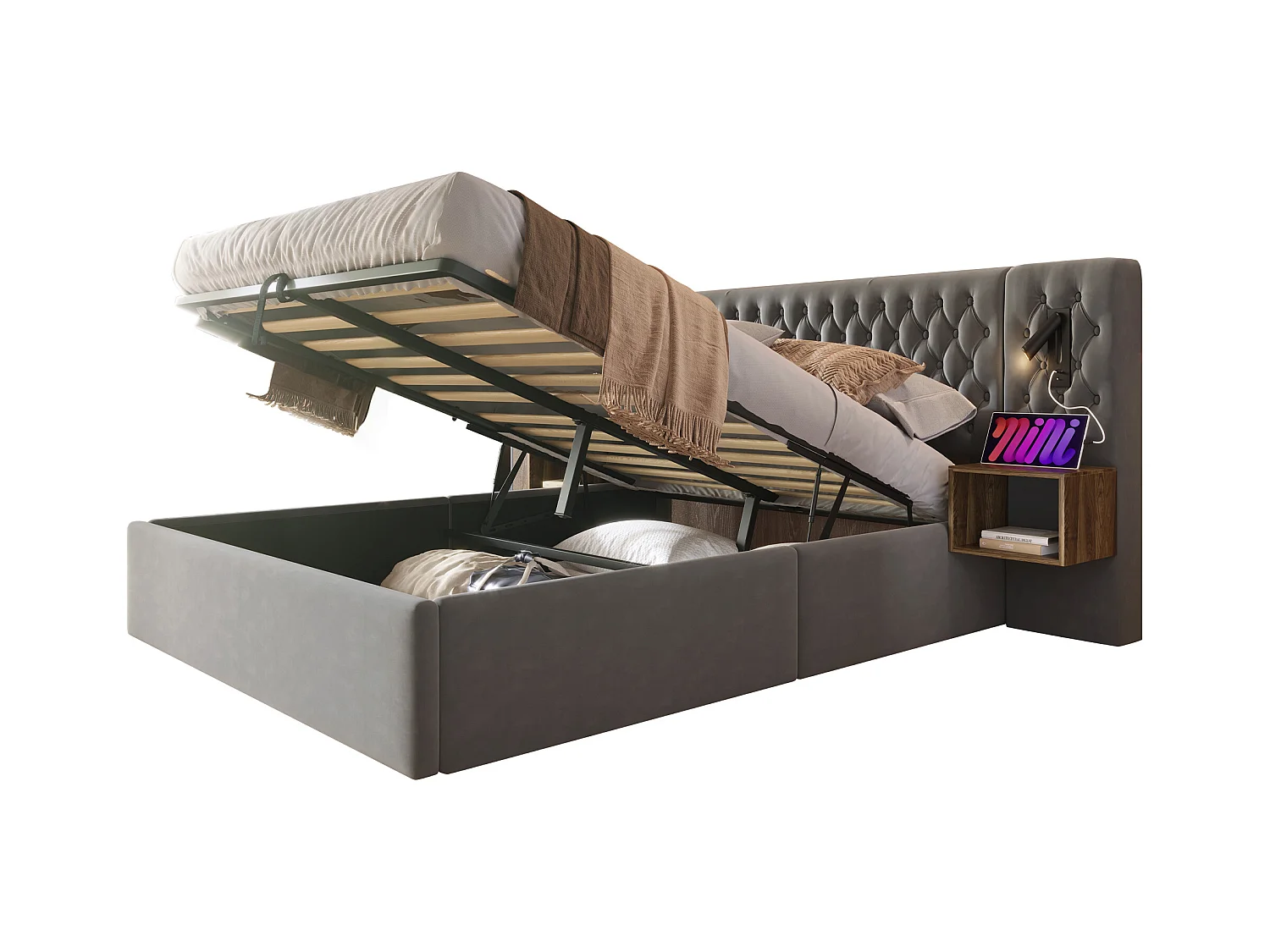 Lit coffre hydraulique - 160 x 200 cm - avec 2 tables de chevet + tête de lit lamp - velours - gris