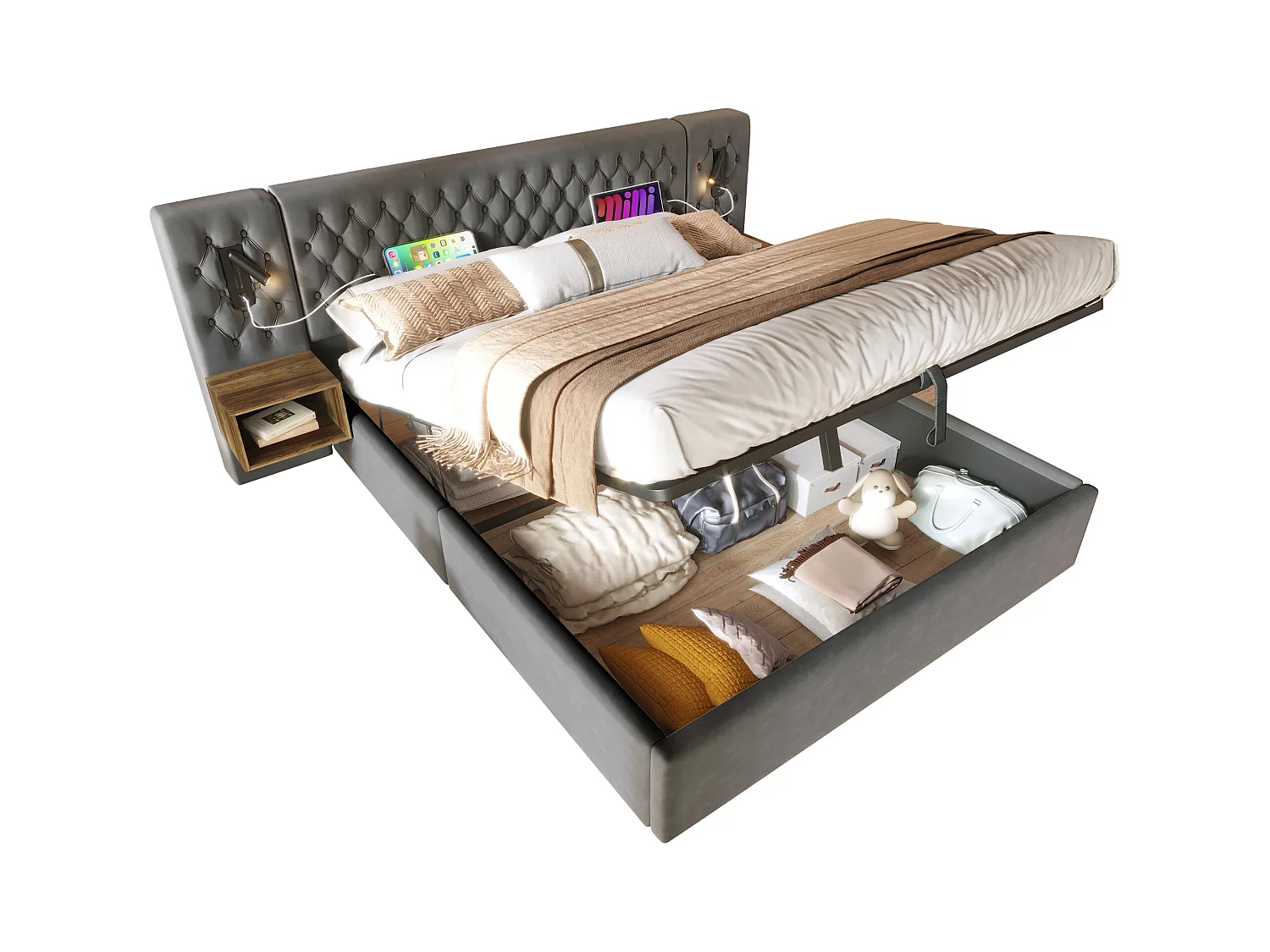 Lit coffre hydraulique - 160 x 200 cm - avec 2 tables de chevet + tête de lit lamp - velours - gris