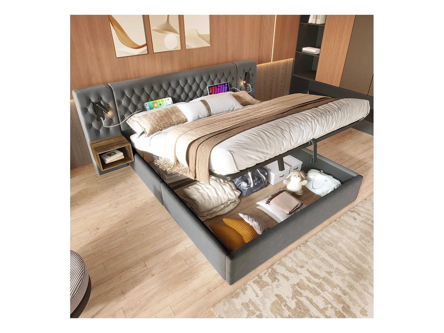 Lit coffre hydraulique - 160 x 200 cm - avec 2 tables de chevet + tête de lit lamp - velours - gris