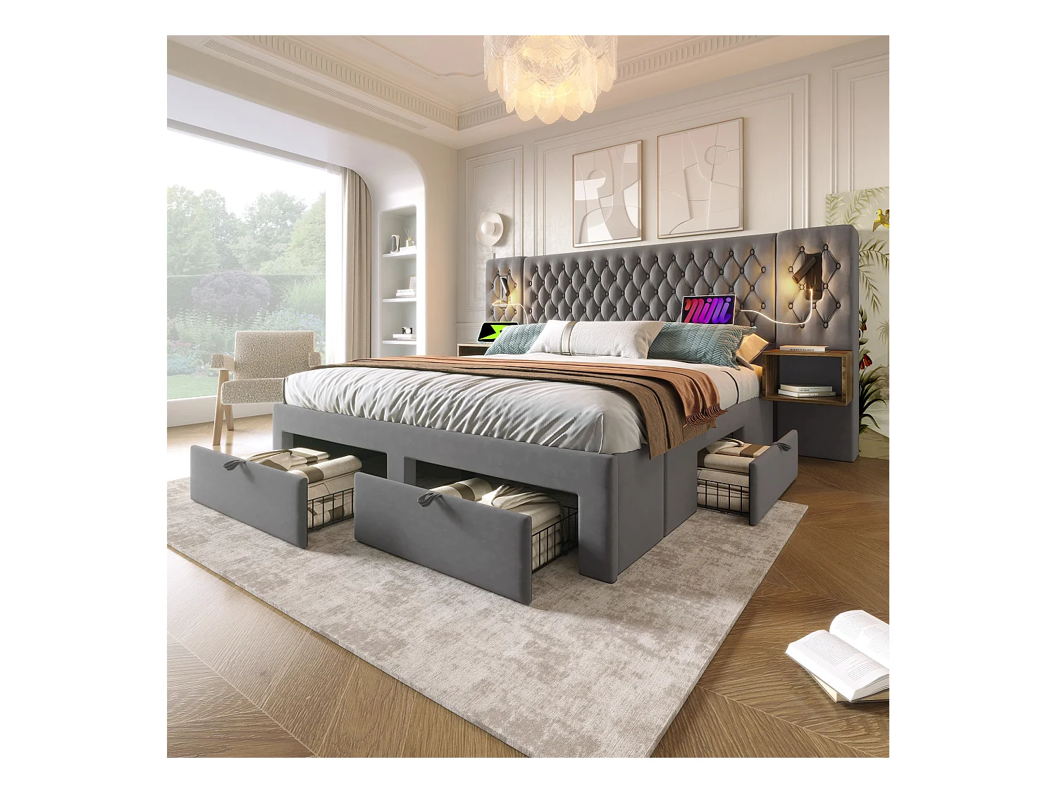 Lit double rembourré - 180 x 200 cm - avec 2 tables de chevet + 4 tiroirs + tête de lit lampe - velours - gris