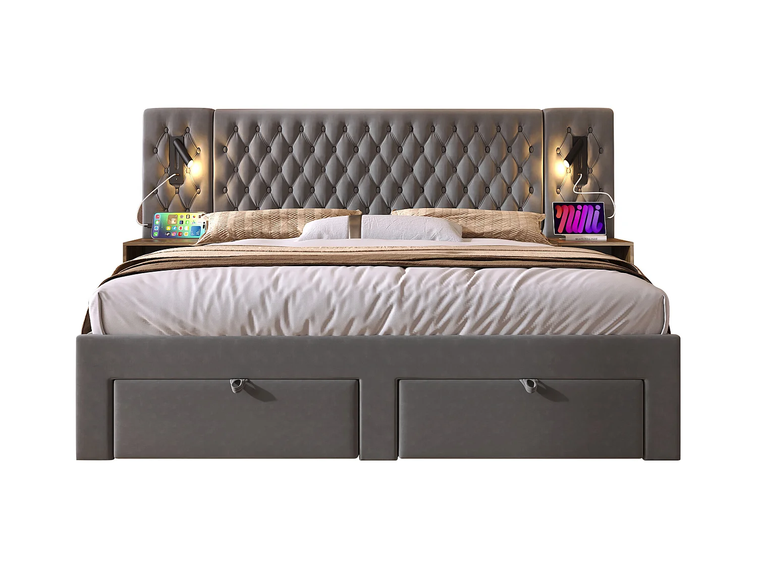 Lit double rembourré - 180 x 200 cm - avec 2 tables de chevet + 4 tiroirs + tête de lit lampe - velours - gris