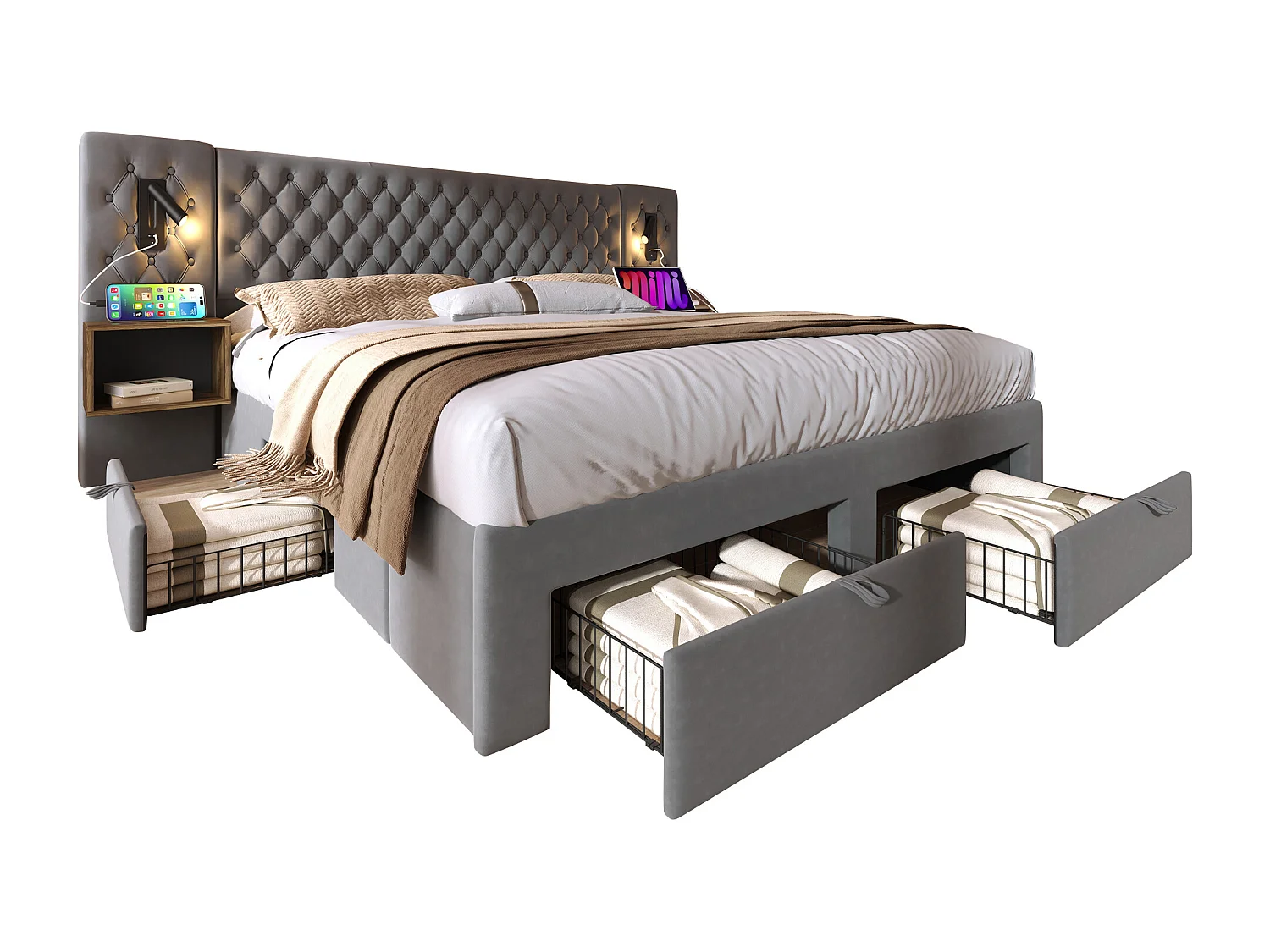 Lit double rembourré - 180 x 200 cm - avec 2 tables de chevet + 4 tiroirs + tête de lit lampe - velours - gris