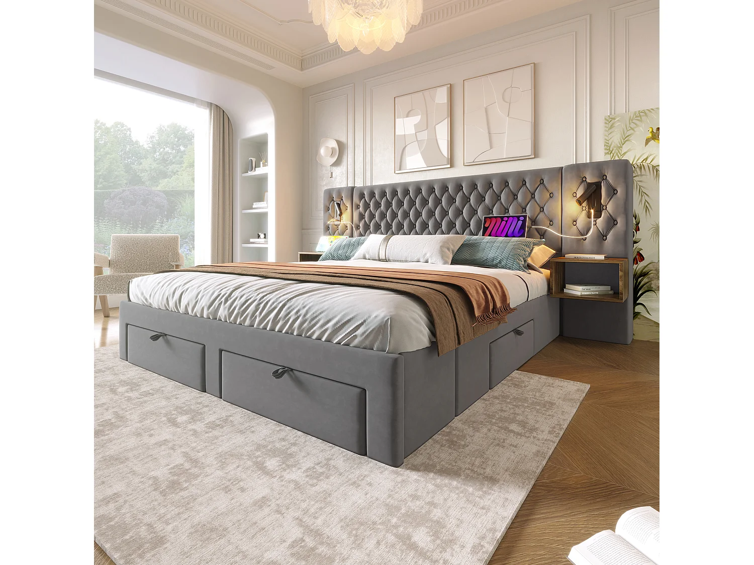 Lit double rembourré - 180 x 200 cm - avec 2 tables de chevet + 4 tiroirs + tête de lit lampe - velours - gris