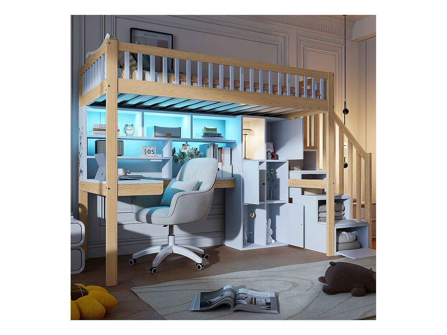 Lit mezzanine enfant - 90 x 200 cm - avec Leds + échelle de rangement + étagères + bureau - bois - blanc