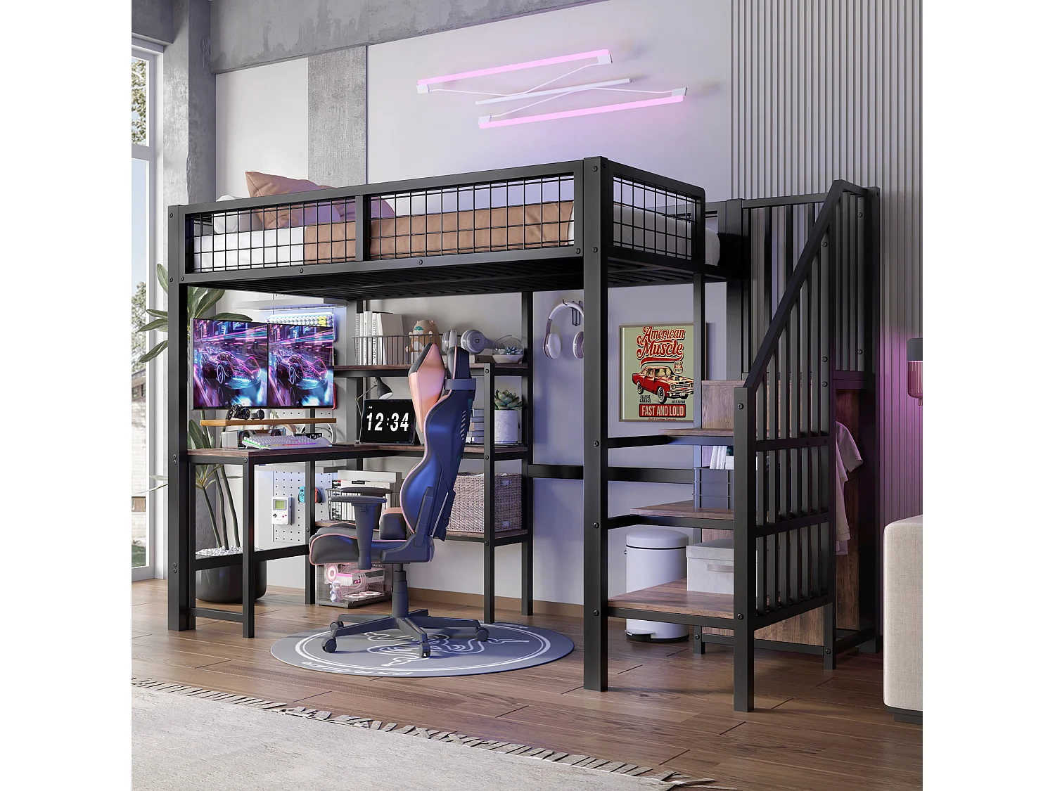 Cama alta de ferro - 90 x 200 cm - com mesa + prateleiras de armazenamento + guarda-roupa - MDF + metal - preto