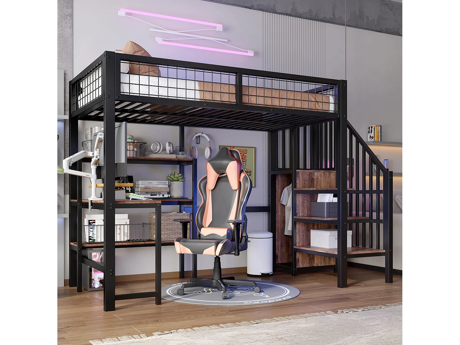 Cama alta de ferro - 90 x 200 cm - com mesa + prateleiras de armazenamento + guarda-roupa - MDF + metal - preto