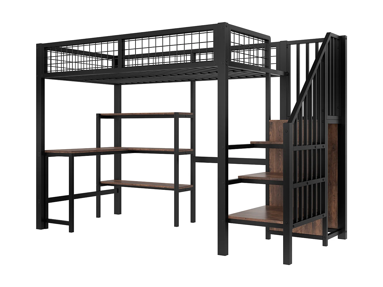 Cama alta de ferro - 90 x 200 cm - com mesa + prateleiras de armazenamento + guarda-roupa - MDF + metal - preto