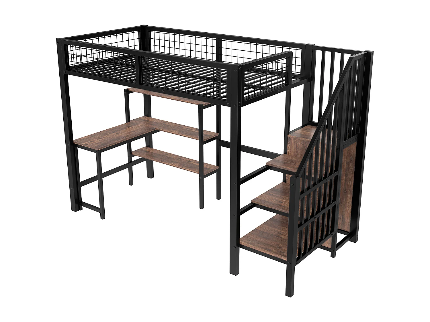 Cama alta de ferro - 90 x 200 cm - com mesa + prateleiras de armazenamento + guarda-roupa - MDF + metal - preto