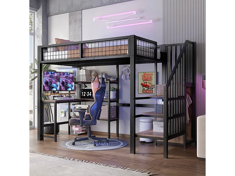 Cama alta de ferro - 90 x 200 cm - com mesa + prateleiras de armazenamento + guarda-roupa - MDF + metal - preto