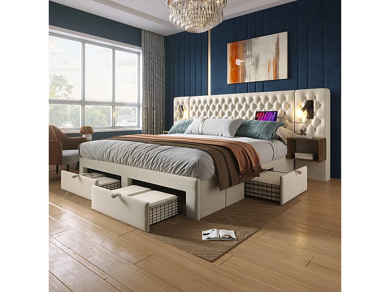 Cama doble tapizada - 180 x 200 cm - con 2 mesitas de noche + 4 cajones + lámpara de cabecero - terciopelo - beige