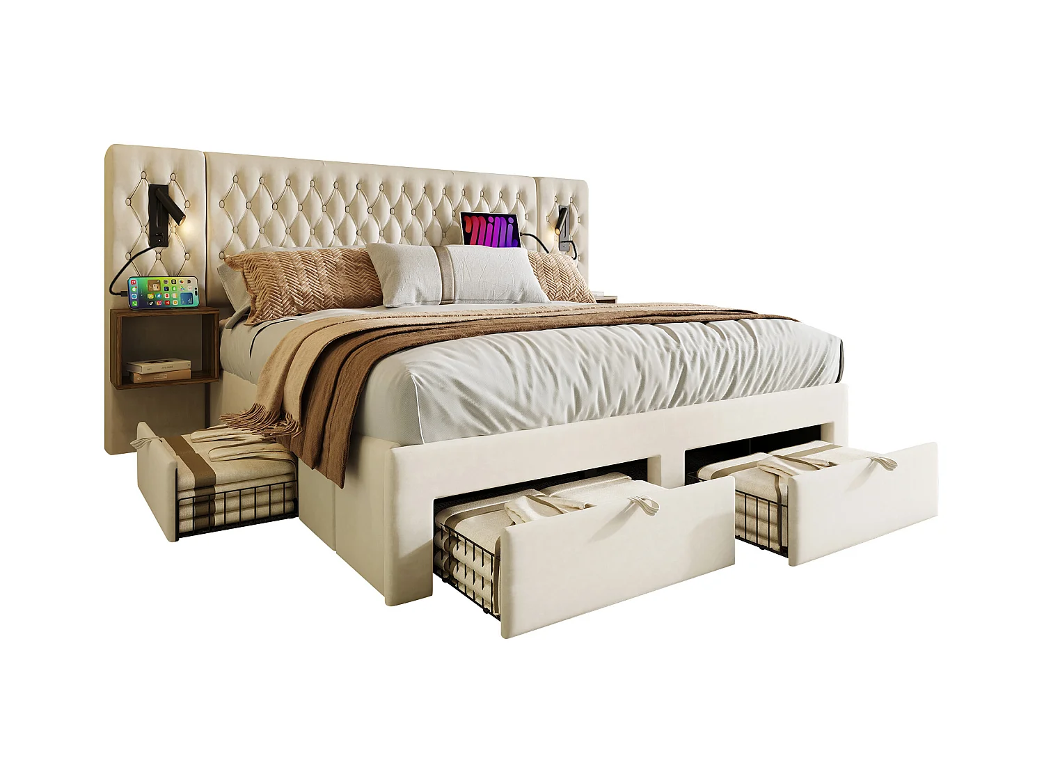 Lit double rembourré - 180 x 200 cm - avec 2 tables de chevet + 4 tiroirs + tête de lit lampe - velours - beige