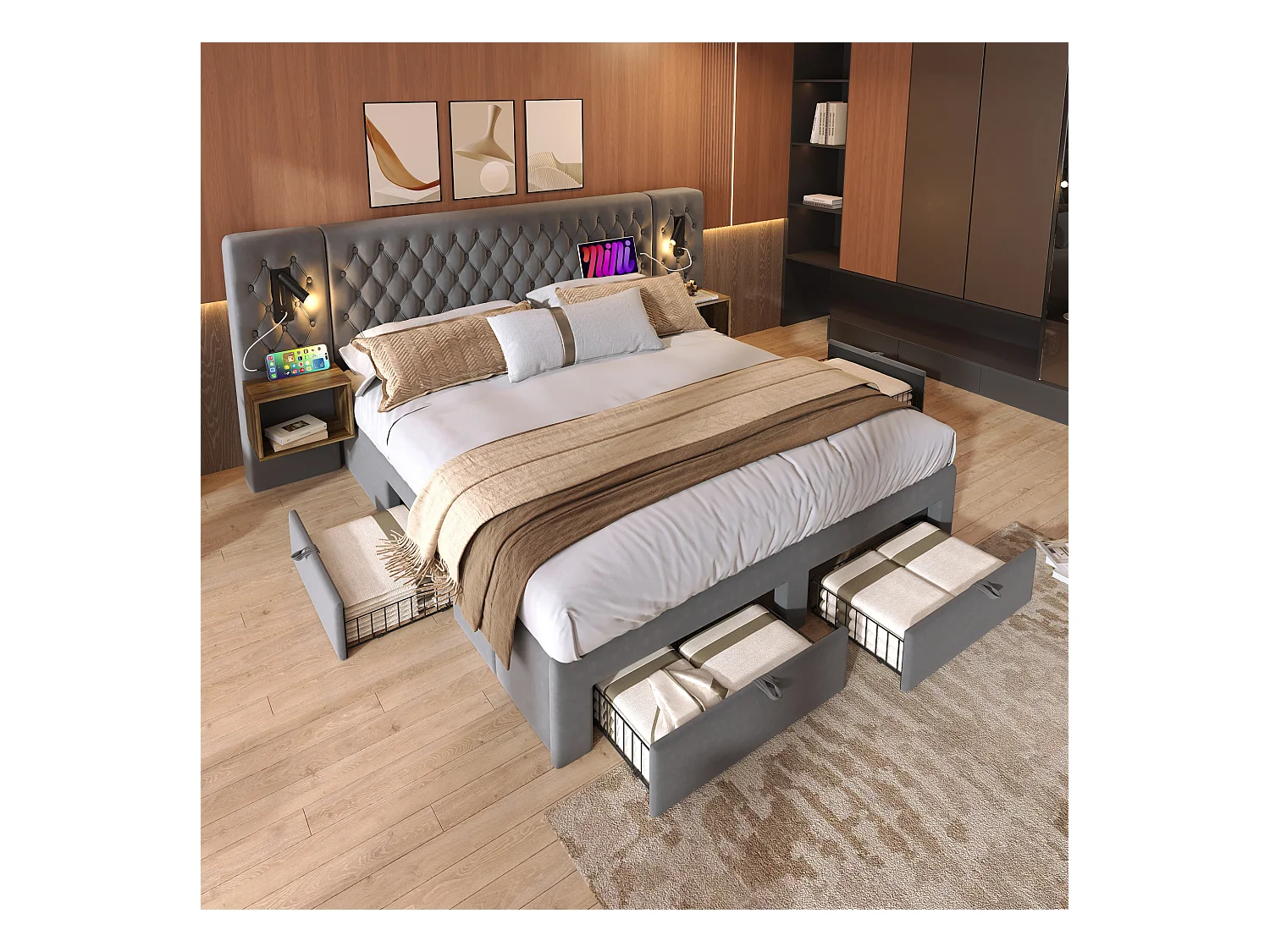 Gepolstertes Doppelbett - 160 x 200 cm - mit 2 Nachttischen + 4 Schubladen + Kopfteillampe - Samt - Grau