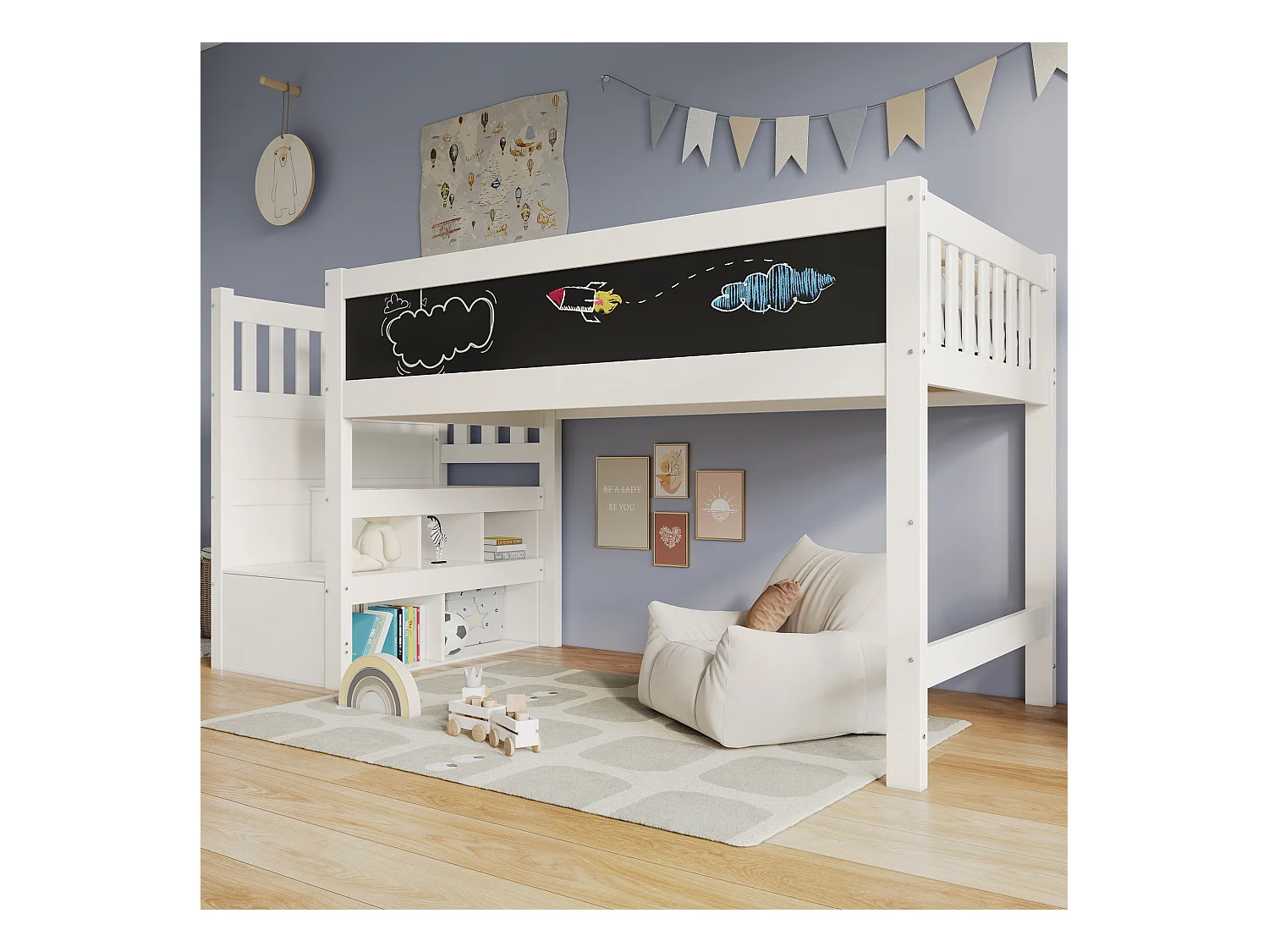 Lit mezzanine enfant - 90 x 200 cm - avec tableau + étagères de rangement - MDF + bois - blanc