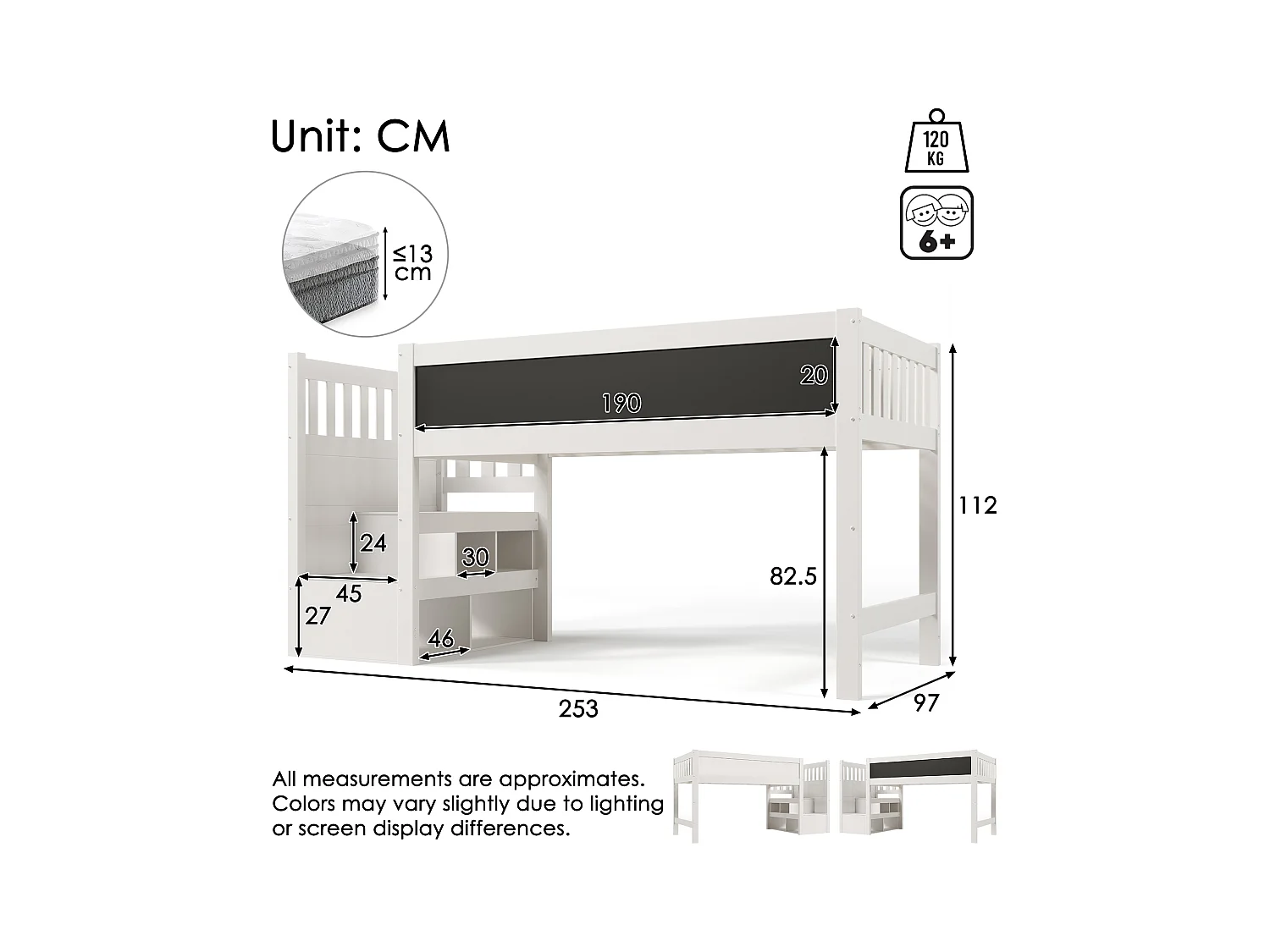 Lit mezzanine enfant - 90 x 200 cm - avec tableau + étagères de rangement - MDF + bois - blanc