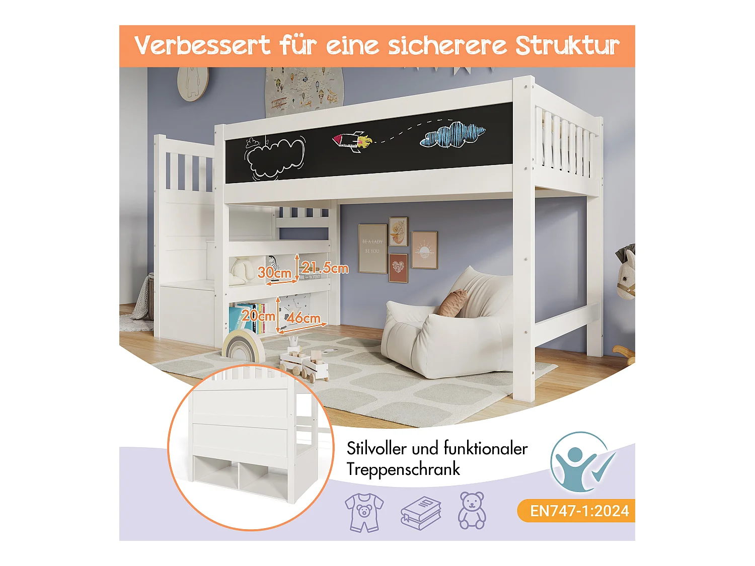 Lit mezzanine enfant - 90 x 200 cm - avec tableau + étagères de rangement - MDF + bois - blanc