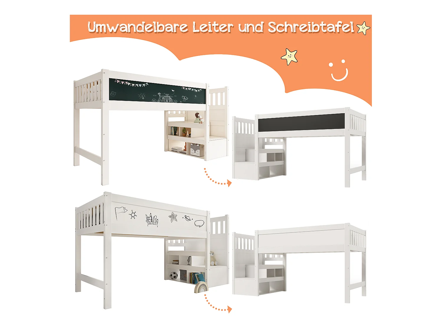 Lit mezzanine enfant - 90 x 200 cm - avec tableau + étagères de rangement - MDF + bois - blanc