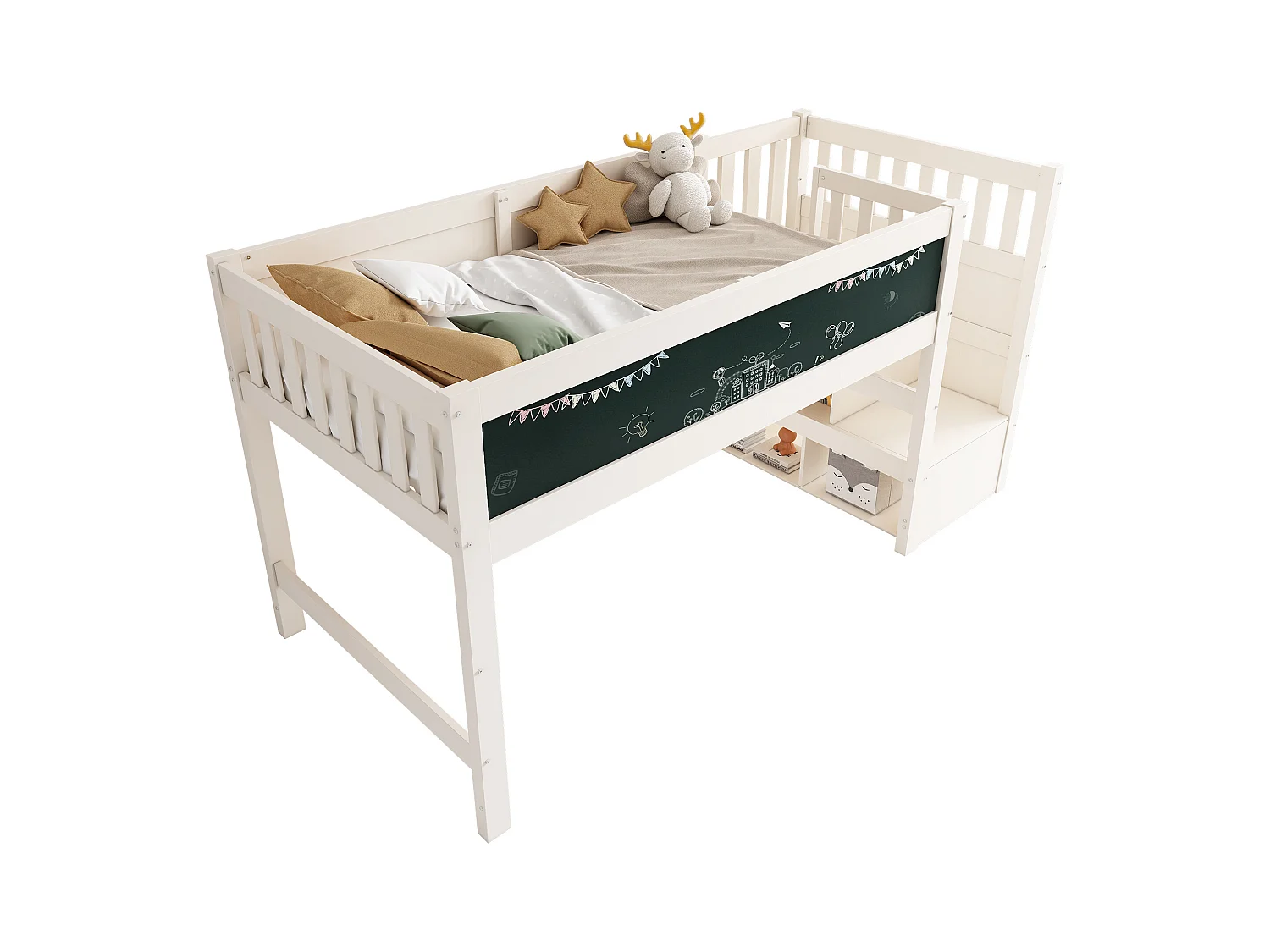 Lit mezzanine enfant - 90 x 200 cm - avec tableau + étagères de rangement - MDF + bois - blanc